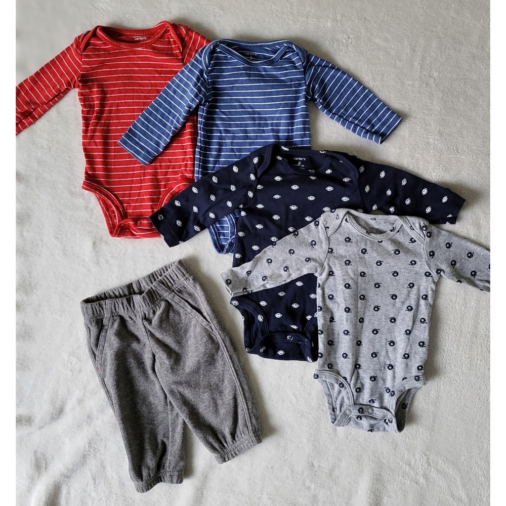 Carters Boys 3 months Football Stripes Lot 5 long sleeve one pieces Tops Pants